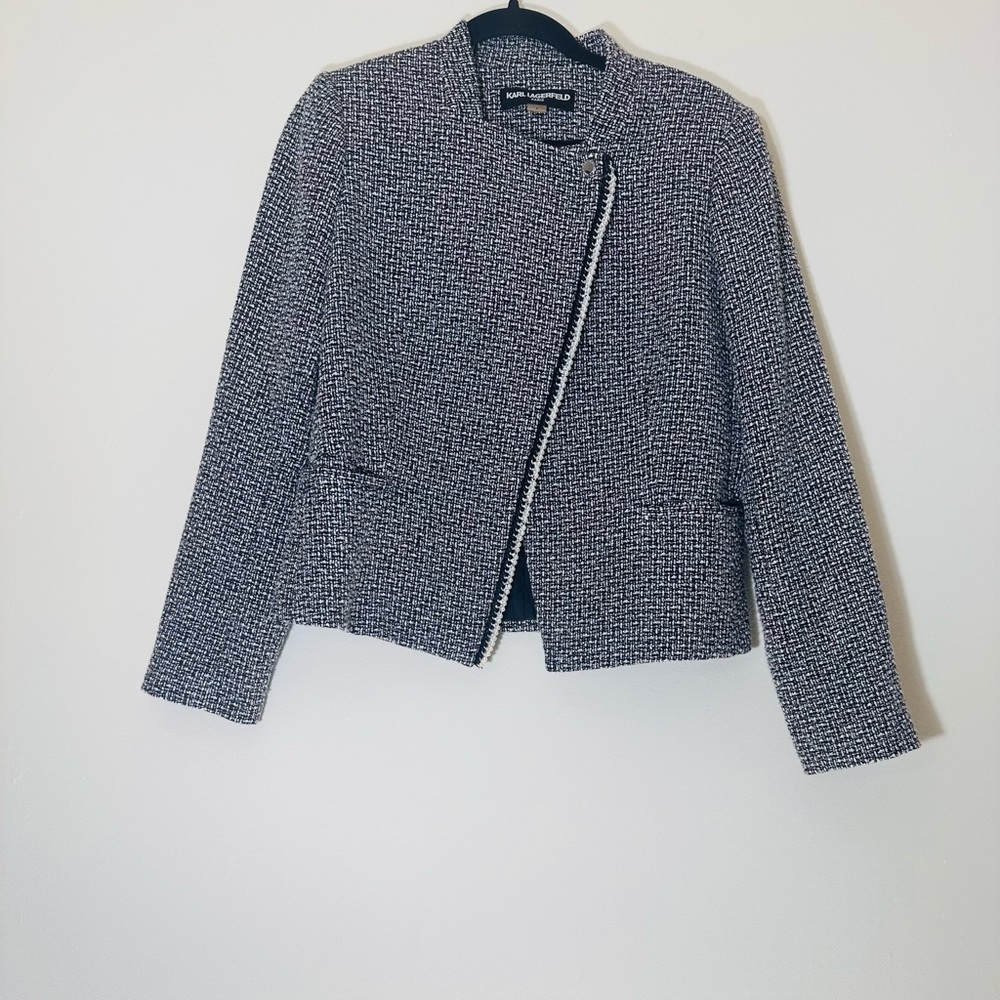 Karl Lagerfeld Tweed Pearl Blazer black & white Pockets size 8